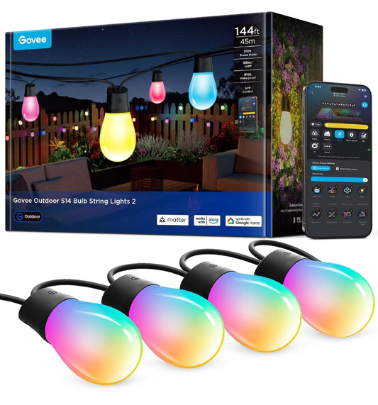 Govee Outdoor S14 Gloeilamp String Liggie 2, 44m Slim RGBIC Warmwit Patio Liggie met 45 LED Gloeilampe, 111 Toneelmodusse vir Buitelugdekor, Werk met Alexa, Google, Matter, Toepbeheer, IP66 Waterdig
