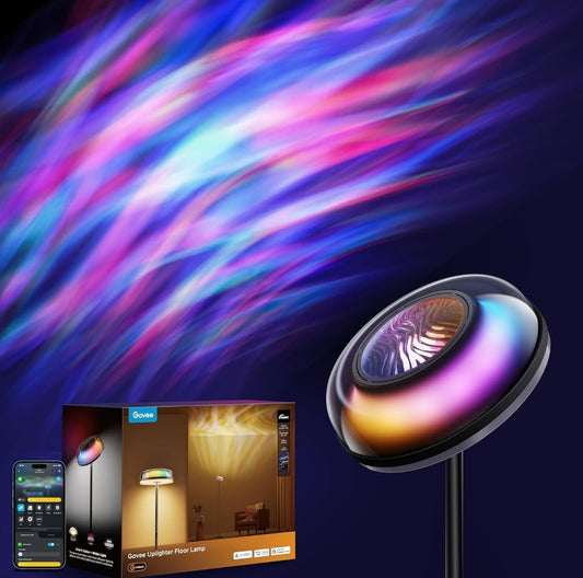 Govee Uplighter-vloerlamp vir woonkamer, RGBIC Ripple-projektor, slim vloerlamp vir slaapkamer wat met Matter werk, 215 vt² beligtingsarea, LED moderne hoekvloerlig, warm koelwit staanlamp