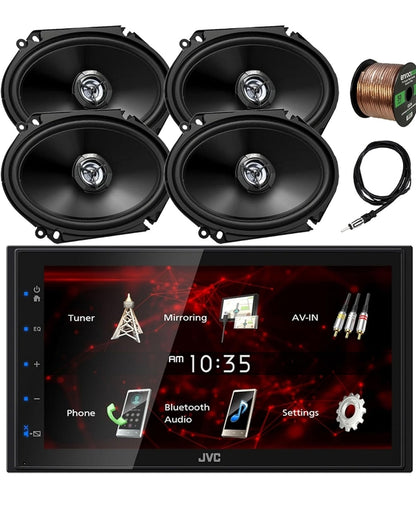 JVC Dubbel DIN in-dash 6.8" Raakskerm Bluetooth USB Digitale Multimedia Motorradio-ontvanger, 4X 6x8 300 Watt Maksimum Krag 2-rigting Motorklankluidsprekers, 22" Antenna, 16 Gauge 50 voet Luidsprekerkabel