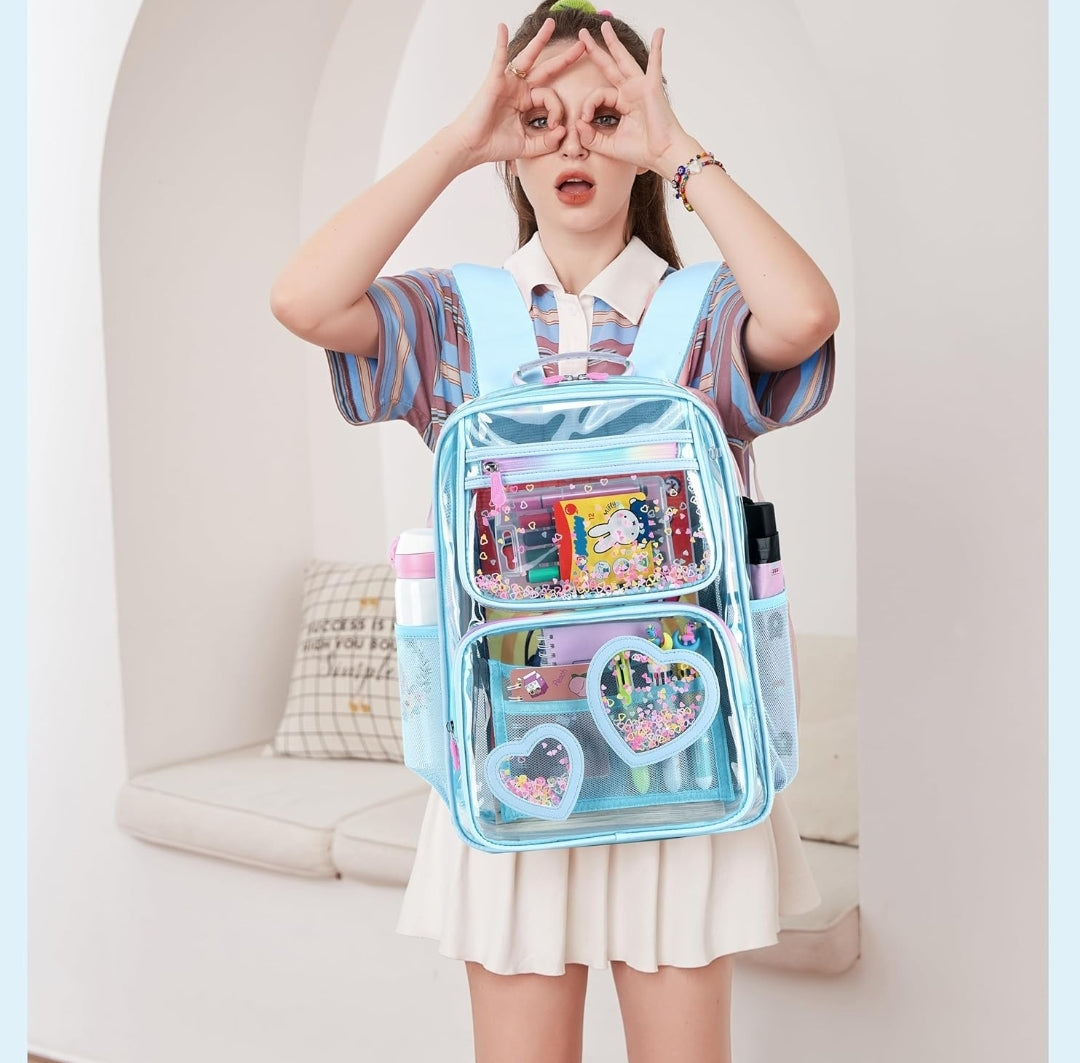 Clear Backpack for Girls Women Transparent Kids Elementary College School Bag Travel Laptop Backpacks Large Bookbags (Blue)