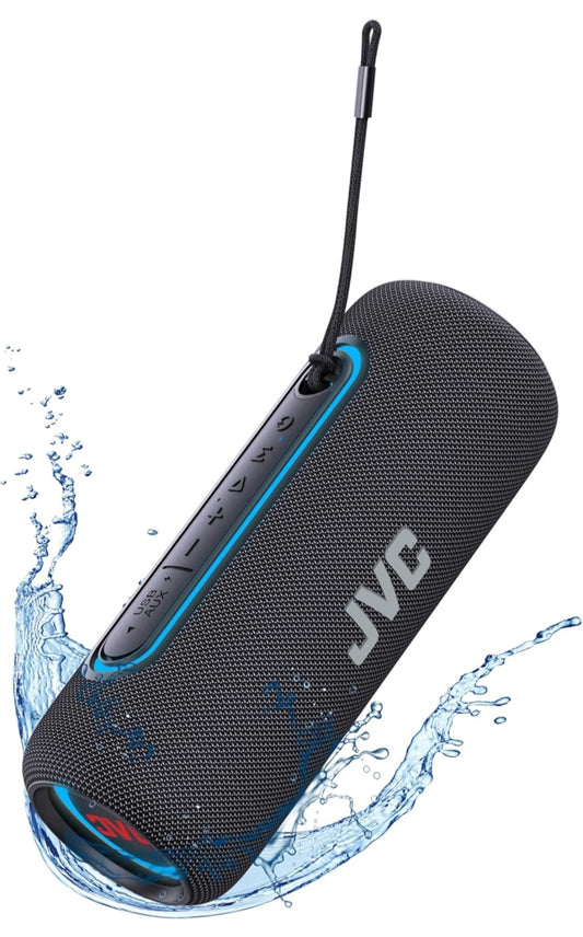 JVC Verligte Draagbare Koordlose Luidspreker met 20W maksimum uitsette, Dinamiese Klank, Bluetooth 5.0, TWS-vermoë, USB-C, IPX5, AUX-in, tot 5-uur batterylewe - SPPA5BTB (Swart)