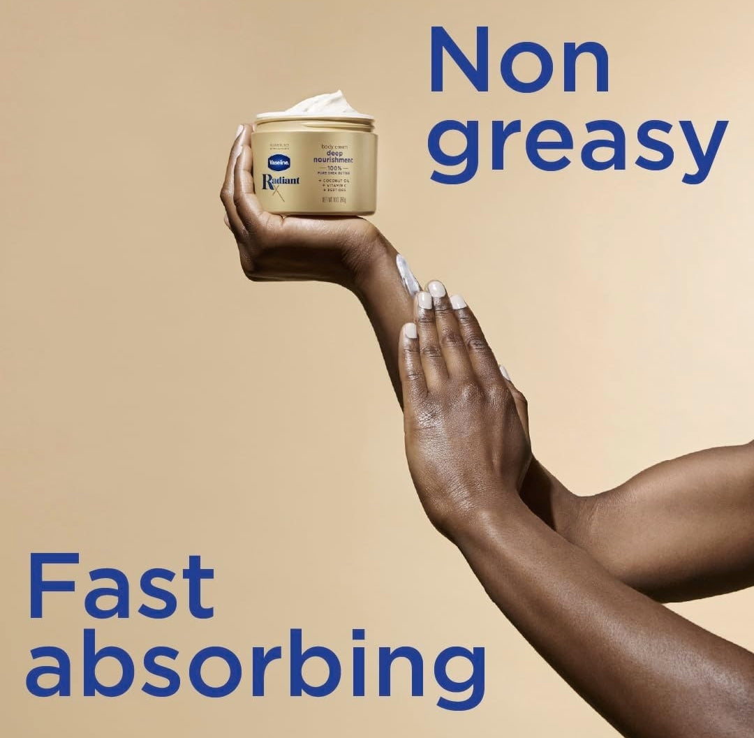 Vaseline Radiant X Deep Nourishment Body Cream 100% Pure Shea Butter, Coconut Oil, Vitamin C, & Peptides 10 oz