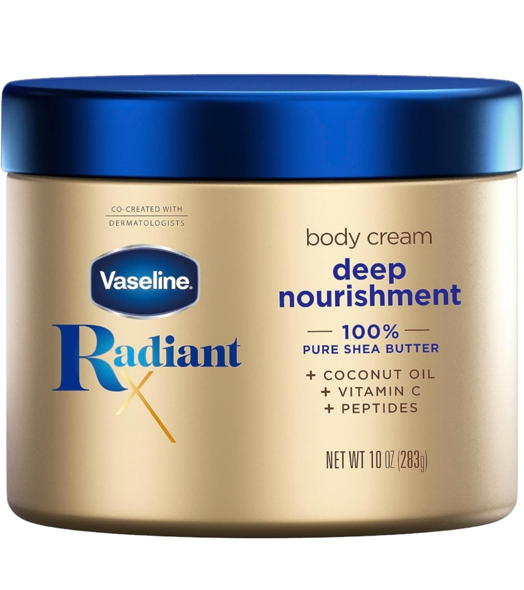 Vaseline Radiant X Deep Nourishment Body Cream 100% Pure Shea Butter, Coconut Oil, Vitamin C, & Peptides 10 oz