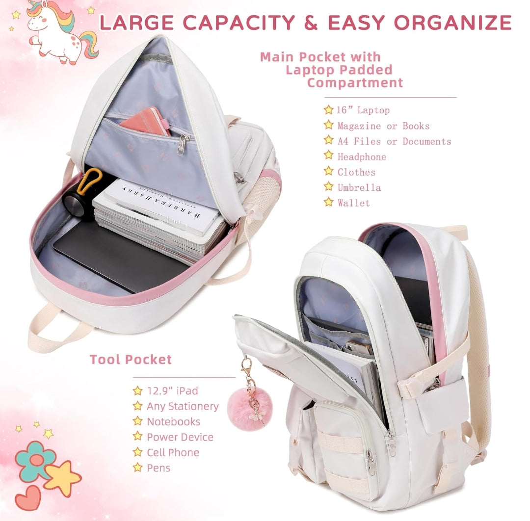 Backpack for Girls Laptop Backpacks 15.6 Inch College Cute Bookbag Anti Theft Primary Elementary School Bag Casual Daypack for Students Teens Girl Women (Beige)
