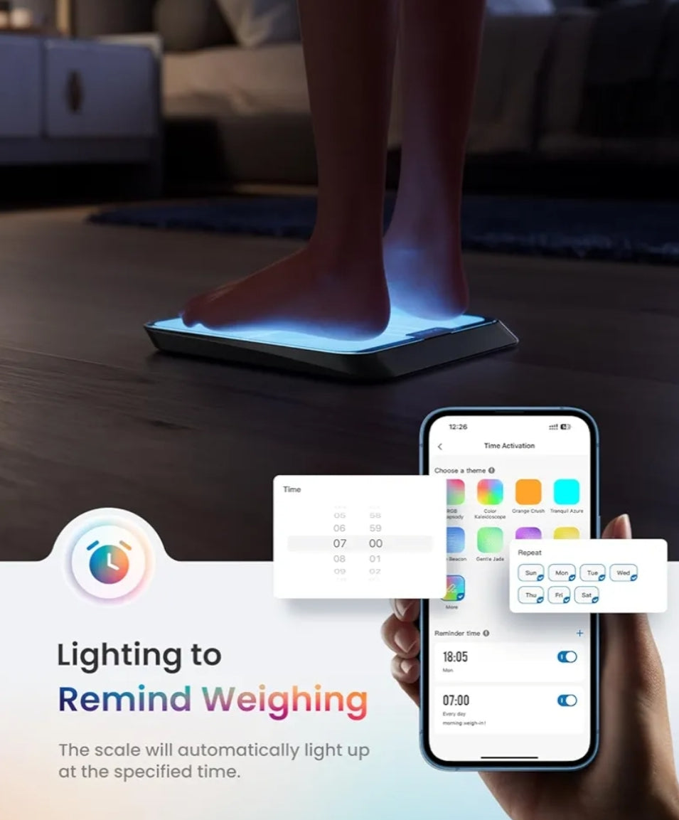 Smart Scale for Body Weight, BMI, Body Fat, Muscle Mass, BT Wi-Fi Rechargeable Scale, RGB Lighting Color Changing Scale, Sync with Fitness App