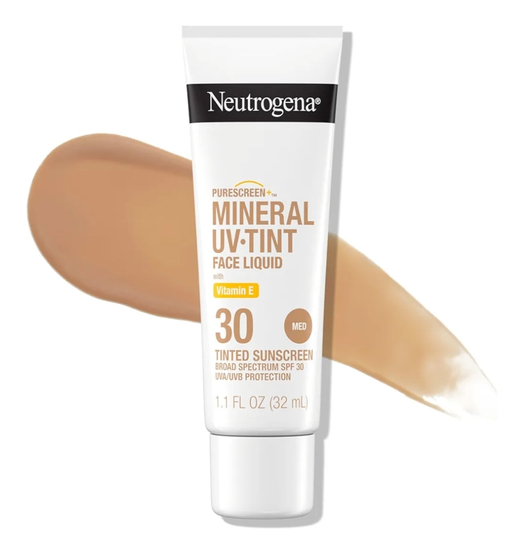 Neutrogena Purescreen+ Getinte Sonskerm vir Gesig SPF 30 Sinkoksied en Vitamien E, Waterbestand, Geurvry Medium (1.1 fl oz)