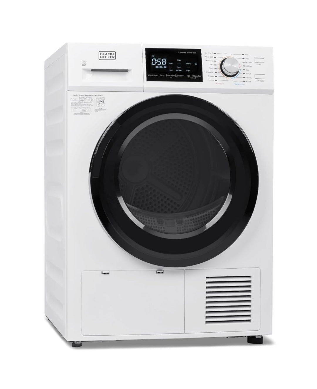BLACK+DECKER 4.4 Kvt. Vt. Elektriese Droër met Hittepomp, 22 lb. Kapasiteit, 240V Elektriese Wasgoeddroër met 16 Siklusse, Sonder Buite-uitlaat, BDFH44M, Wit