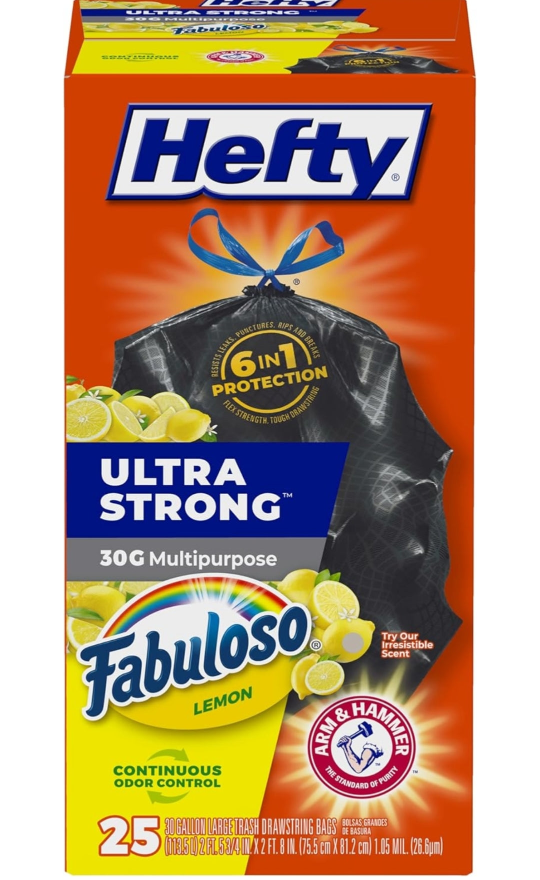 Hefty Ultra Strong 30 Gallon Trash Bags, Large Trash Break Resistant Drawstring Closure (Black) Fabuloso Lemon Scent - 25 Bags
