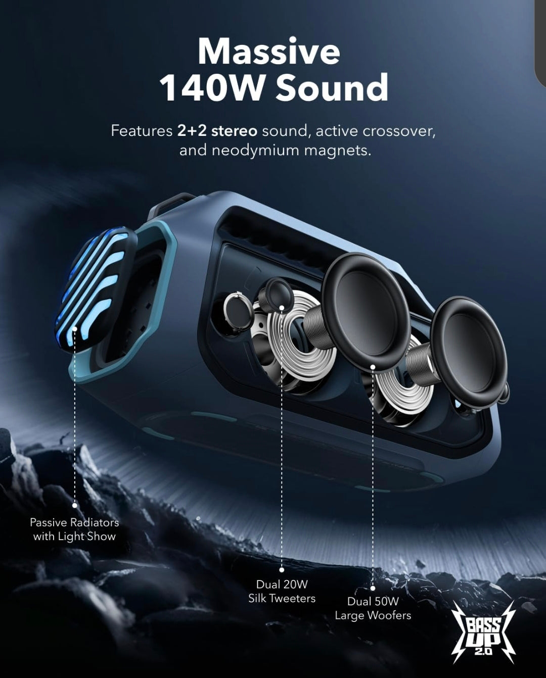 Soundcore Boom 2 Plus By Anker, Outdoor Speaker, 140W, 2+2 Channel, BassUp 2.0, 20H Playtime, Fast Charge, IPX7 Waterproof, RGB Lights, Power Bank, Bluetooth 5.3, Portable for Outdoors, Camping, Beach