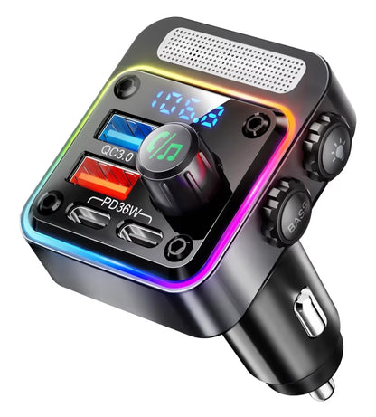 54W Bluetooth 5.3 Motorkaradapter m/ 4 Laaipoorte, Koordlose Radio FM-sender en 5 Kleure LED-agtergrondlig, Hands-free Oproepe