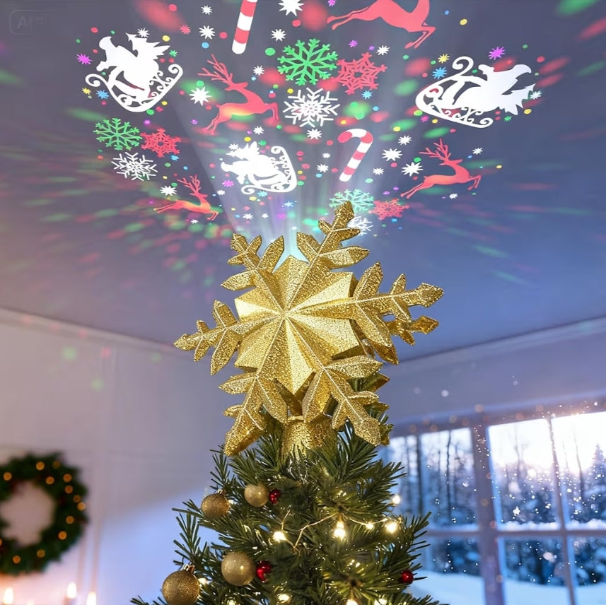 Christmas Tree Topper Lighted w/ 6 Projected Patterns, Led Rotating Magic Snowflake, 3D Hollow Glitter Lighted Decorations - (Gold)