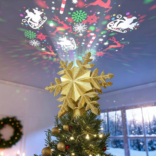 Christmas Tree Topper Lighted w/ 6 Projected Patterns, Led Rotating Magic Snowflake, 3D Hollow Glitter Lighted Decorations - (Gold)
