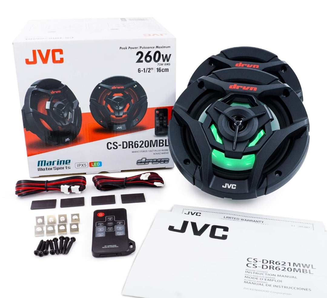 JVC CS-DR621MWL 6.5 Duim Motor & Marine, Motorsports, Motorklank Stereo 2-rigting Luidsprekers met Koel Ingeboude RGB LED-ligte, Weervast IPX5, 260 Watt, UV-beskermde Roosters Ingesluit - Wit