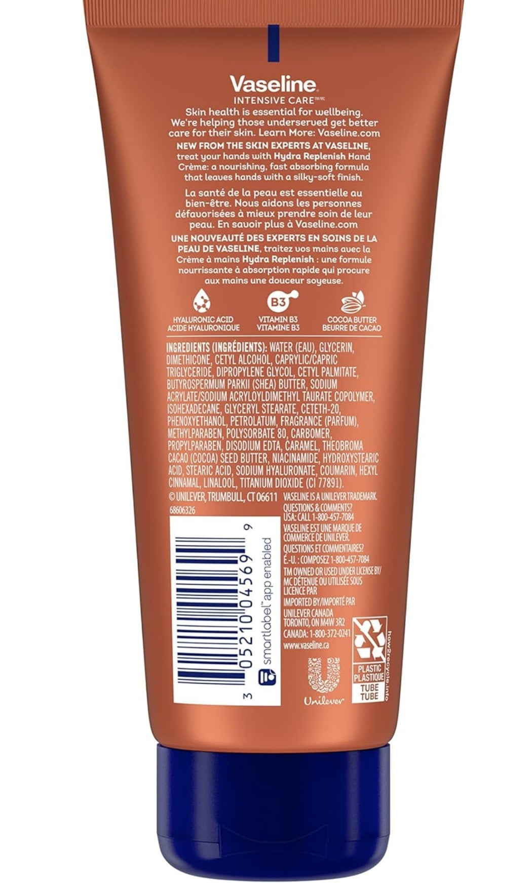 Vaseline Intensive Care Hand Crème Moisturizer for Dry Hands Hydra Replenish Made with hyaluronic acid, vitamin B3, and cocoa butter 3.4 oz 6 Count