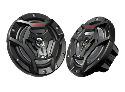 JVC KD-X33MBS Mechless Bluetooth Mariene Radio en 'n paar JVC CS-DR6200M 6.5" Swart Mariene Koaksiale Luidsprekers