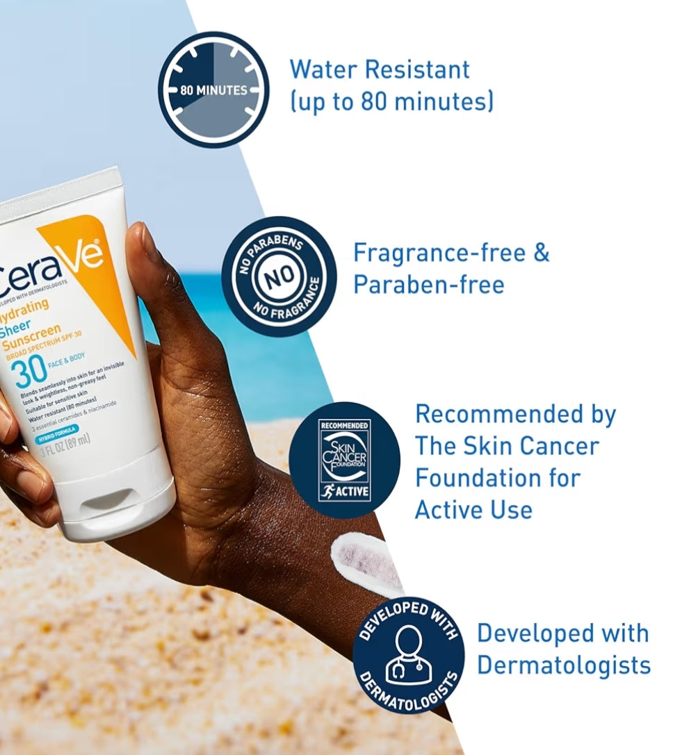 CeraVe Hydrating Sheer Sunscreen SPF 30 Minerale met Sinkoksied, Hialuroonsuur en Ceramides, Parabeenvry + Reukvry (148ml)