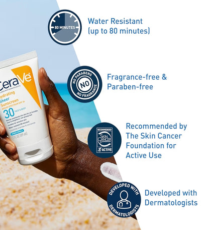 CeraVe Hydrating Sheer Sunscreen SPF 30 Minerale met Sinkoksied, Hialuroonsuur en Ceramides, Parabeenvry + Reukvry (148ml)
