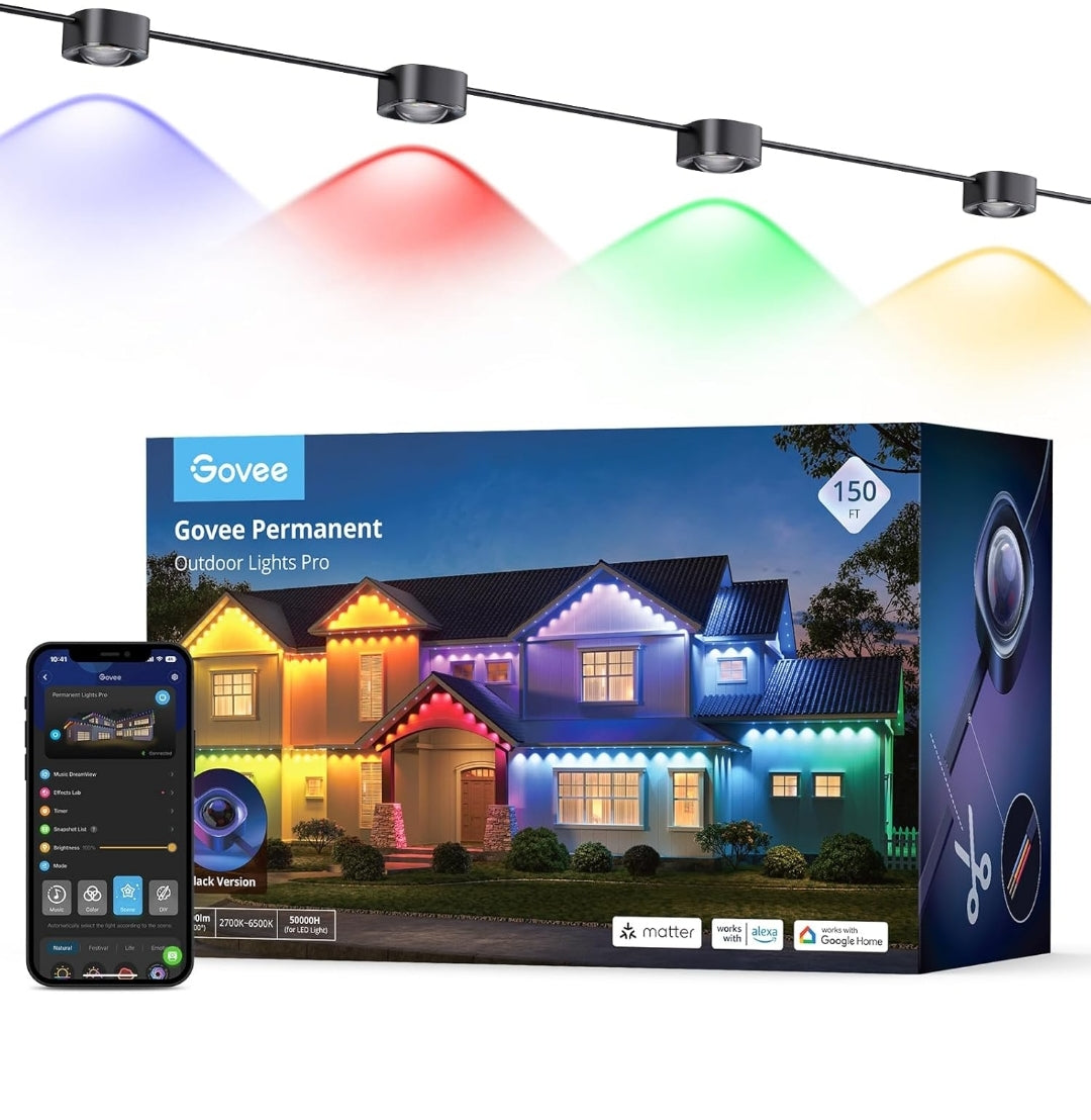 Permanent Outdoor Lights Pro, 150ft with 90 RGBIC LED Lights for Daily and Accent Lighting, 75 Scene Modes for Outdoor Decor, IP67 Waterproof, Works with Alexa, Google Assistant, Matter, Black