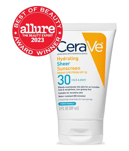 CeraVe Hydrating Sheer Sonbrandroom SPF 30 met sinkoksied, hialuroonsuur en seramiede, parabeenvry + geurvry (85 g)