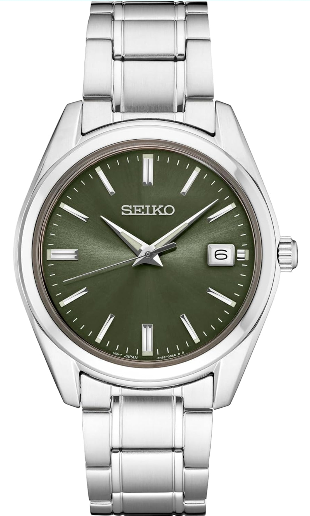 SEIKO Mans Kwarts Horlosie - Groen Wysplaat met Datum, Vlekvrye Staal Armband, 100M Waterbestand - NUUT