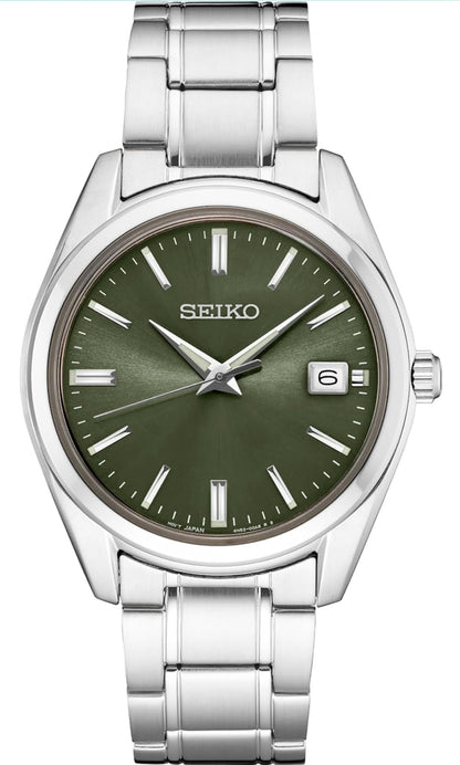 SEIKO Mans Kwarts Horlosie - Groen Wysplaat met Datum, Vlekvrye Staal Armband, 100M Waterbestand - NUUT