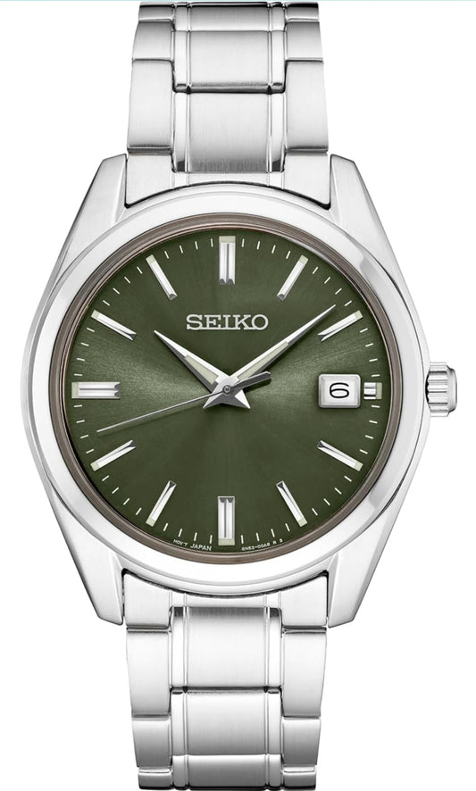 SEIKO Mans Kwarts Horlosie - Groen Wysplaat met Datum, Vlekvrye Staal Armband, 100M Waterbestand - NUUT