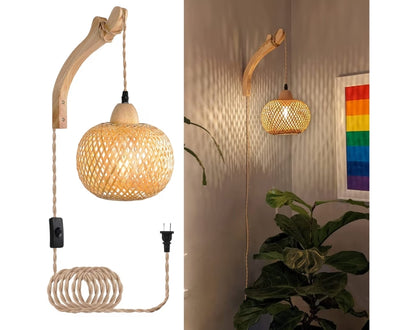 Bamboes Lantern Muurplafonligte Rotting Muurlamp met Proppeerkoord Handgeweefde Rattan Rustieke Muurbeligting