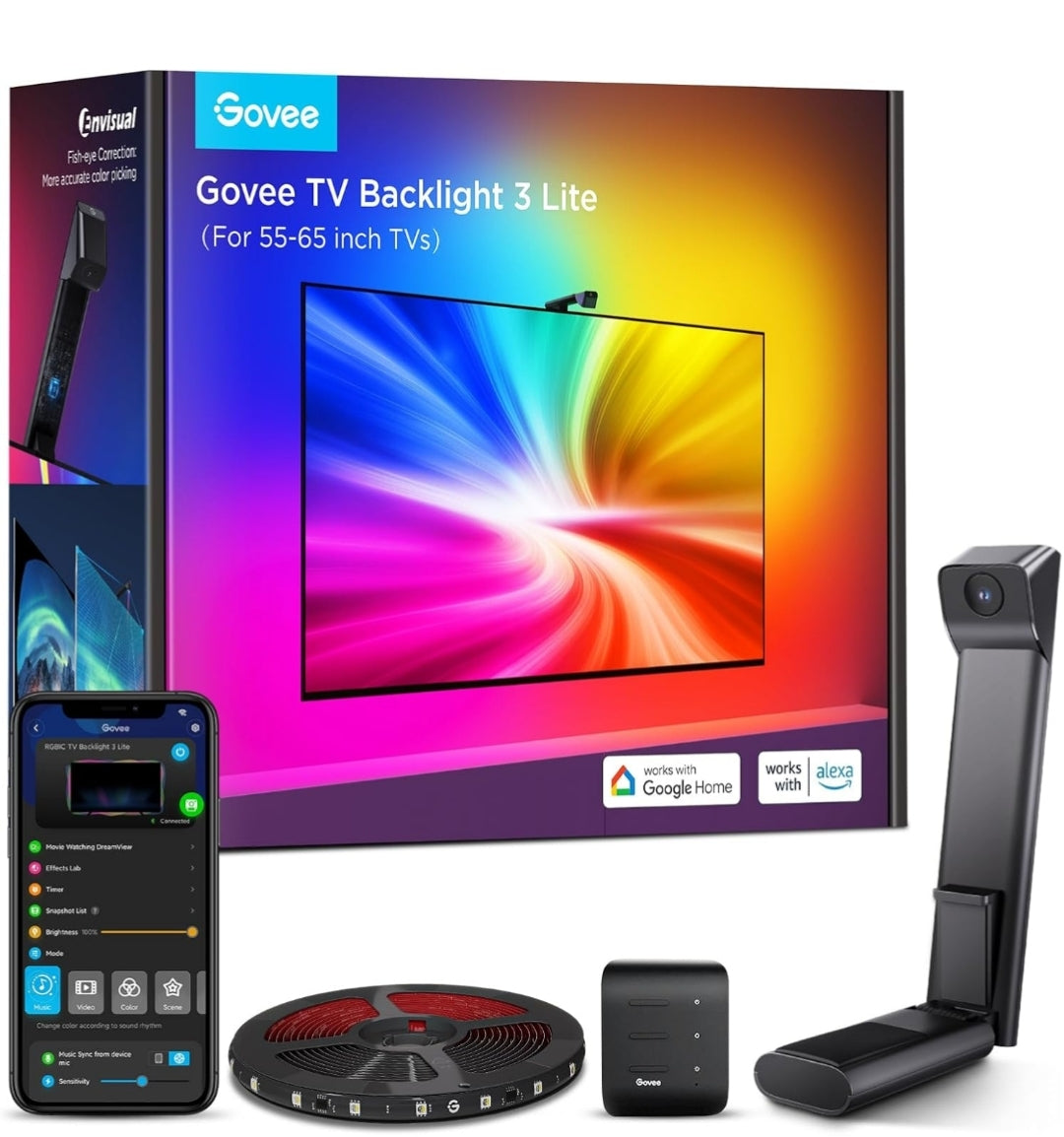 Govee TV Backlight 3 Lite with Fish-Eye Correction Function Sync to 55-65 Inch TVs, 11.8ft RGBICW Wi-Fi LED Strip Lights with Camera, 4 Colors in 1 Lamp Bead, Voice and APP Control, Adapter