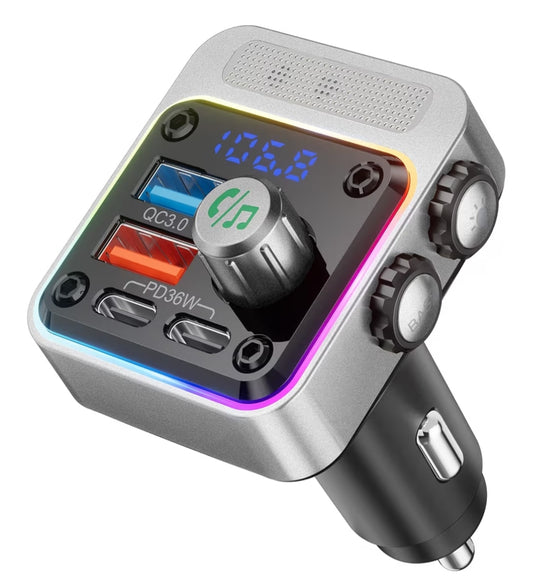 54W Bluetooth 5.3 Motoradapter met 4 Laaipoorte, Draadlose Radio FM-sender & 5 Kleure LED-agterlig, Handvrye Oproepe – Silwer