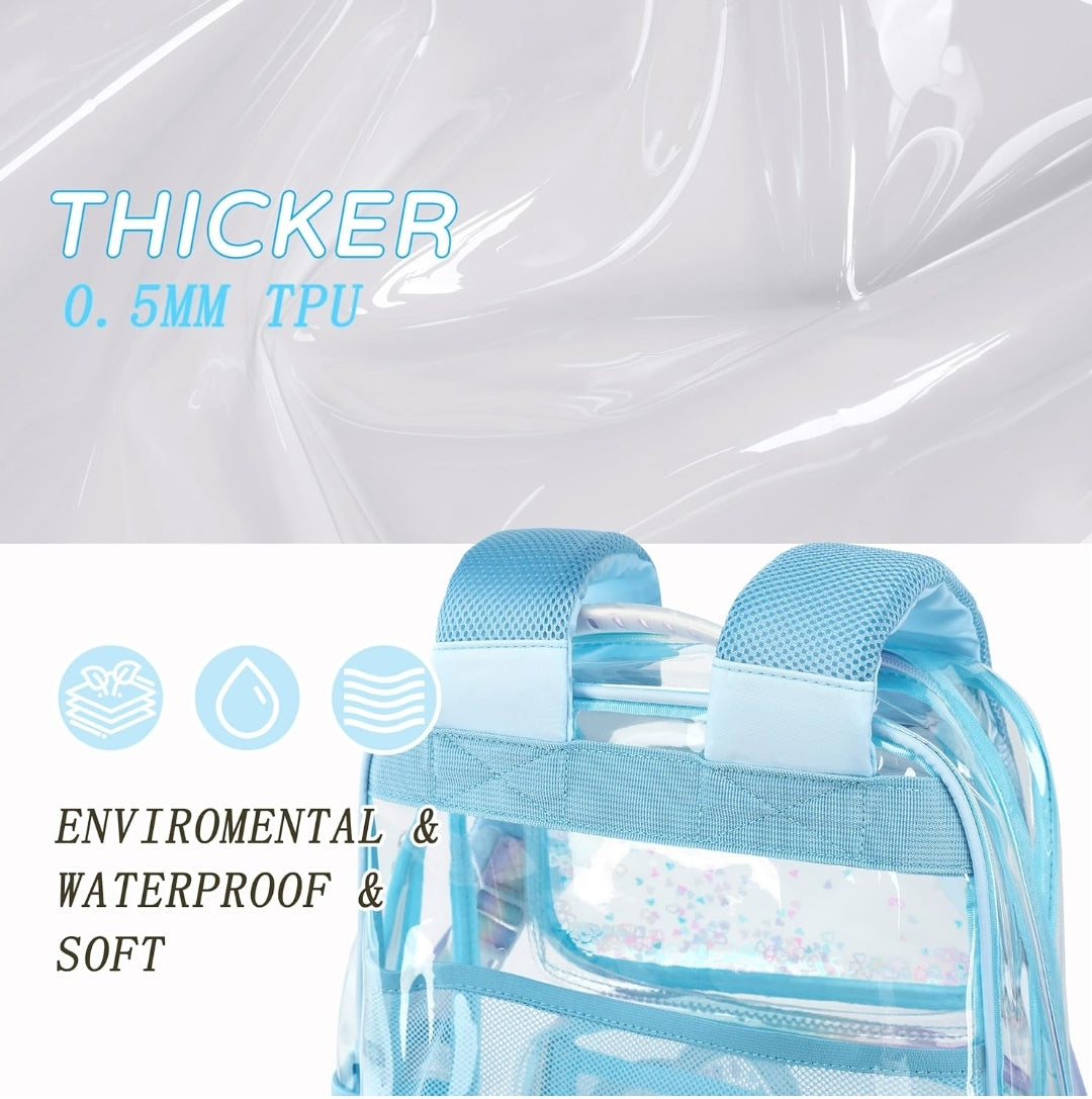 Clear Backpack for Girls Women Transparent Kids Elementary College School Bag Travel Laptop Backpacks Large Bookbags (Blue)