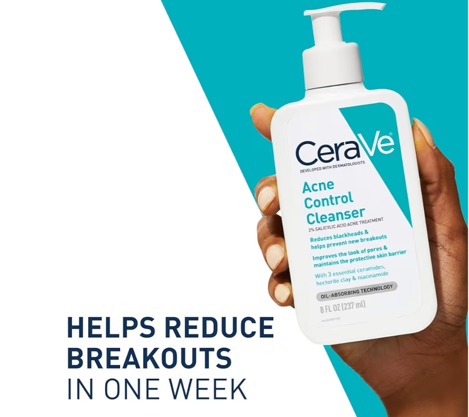 CeraVe Akneebehandeling Gesigswas, Salisielsuur Reiniger met Suiwerende Klei, Niasienamied, en Seramiede (8 fl. os.)