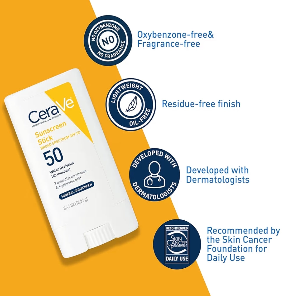 CeraVe Minerale Sonbrandstokkie SPF 50, Breëspektrum Hialuronzuur + Seramiede 100% Minerale Gesigsonbrandstokkie Olievry