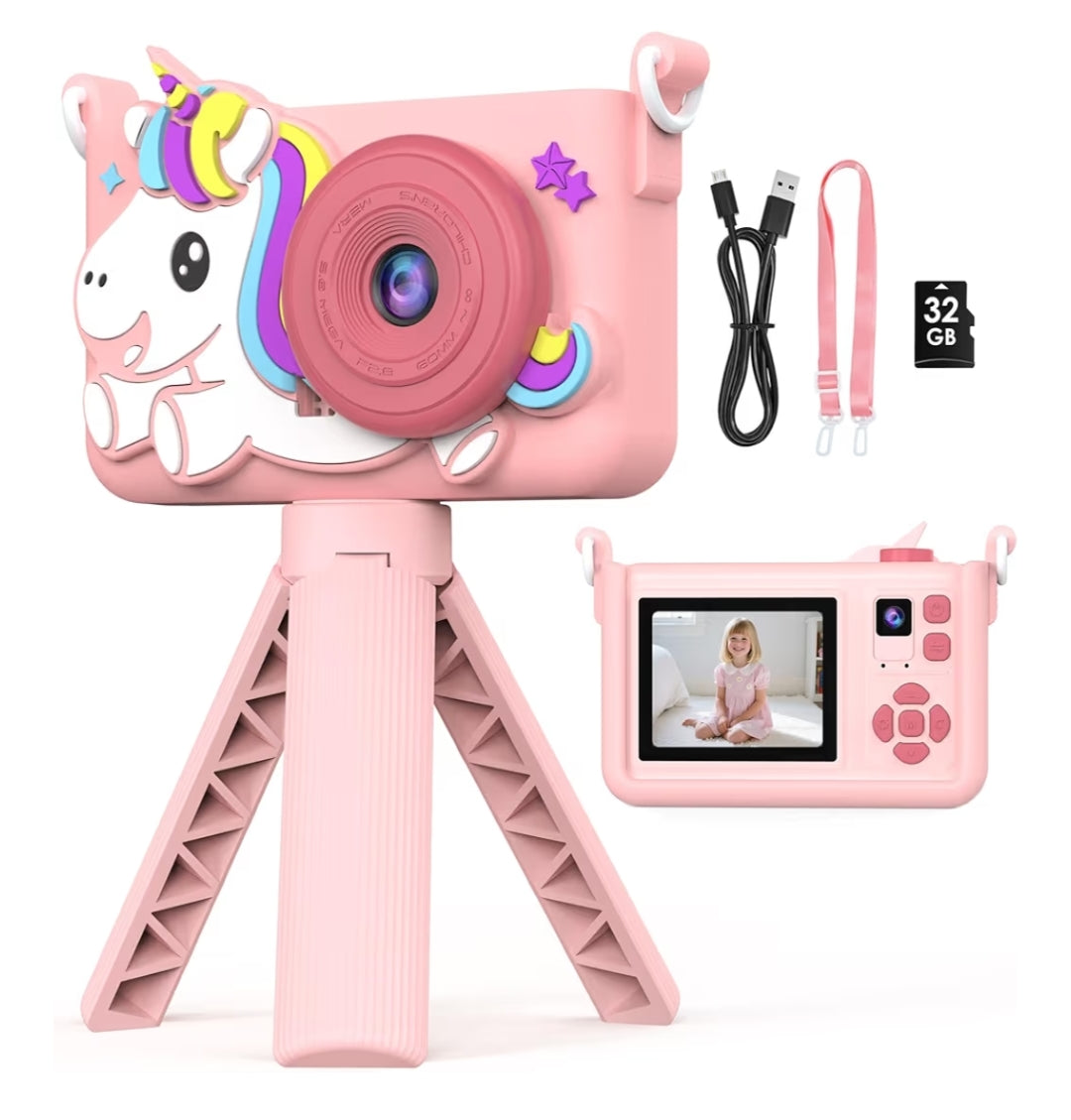 Kids Camera w/ Tripod & 32GB Card, 1080P HD Camera, Portable Toy - Pink