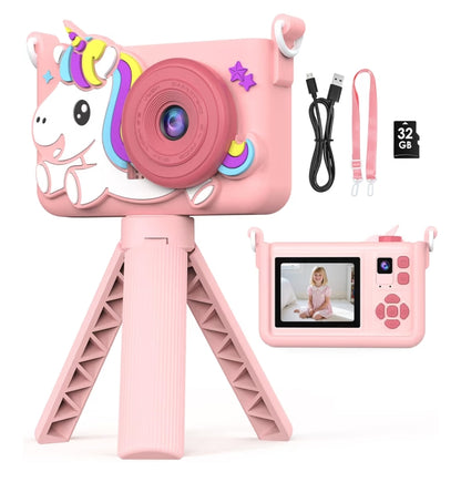 Kids Camera w/ Tripod & 32GB Card, 1080P HD Camera, Portable Toy - Pink