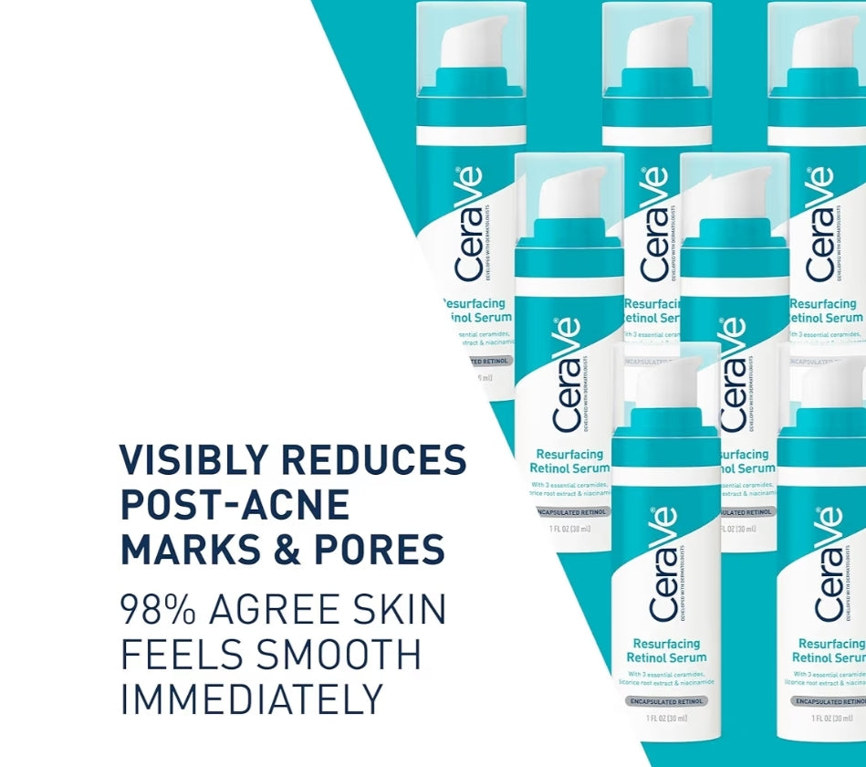 CeraVe Resurfacing Retinol Serum Formulated w/ Licorice Root Extract & Niacinamide,Non-Comedogenic