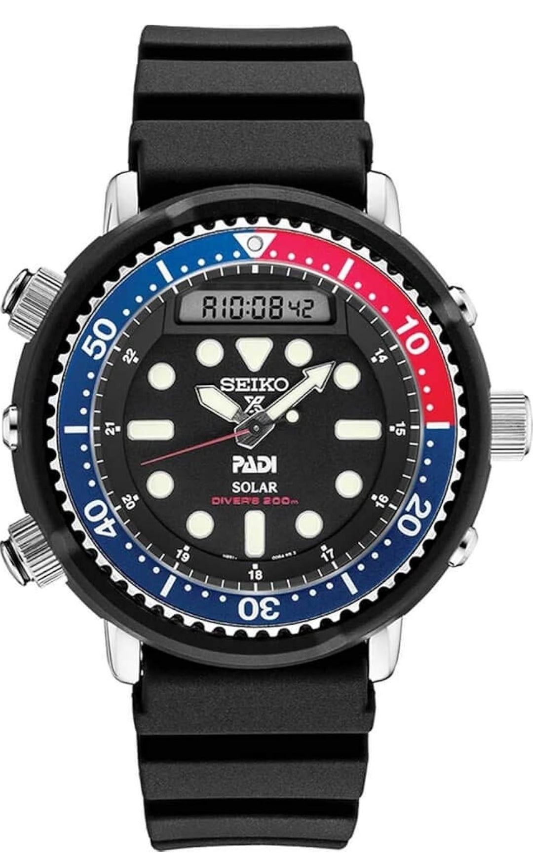 Seiko Hibried Duikhorlosie vir Mans - Prospex - Sonkrag, met Swart Wyserplaat, Liggewig Kas, en Stophorlosiefunksie, 200m Waterbestand