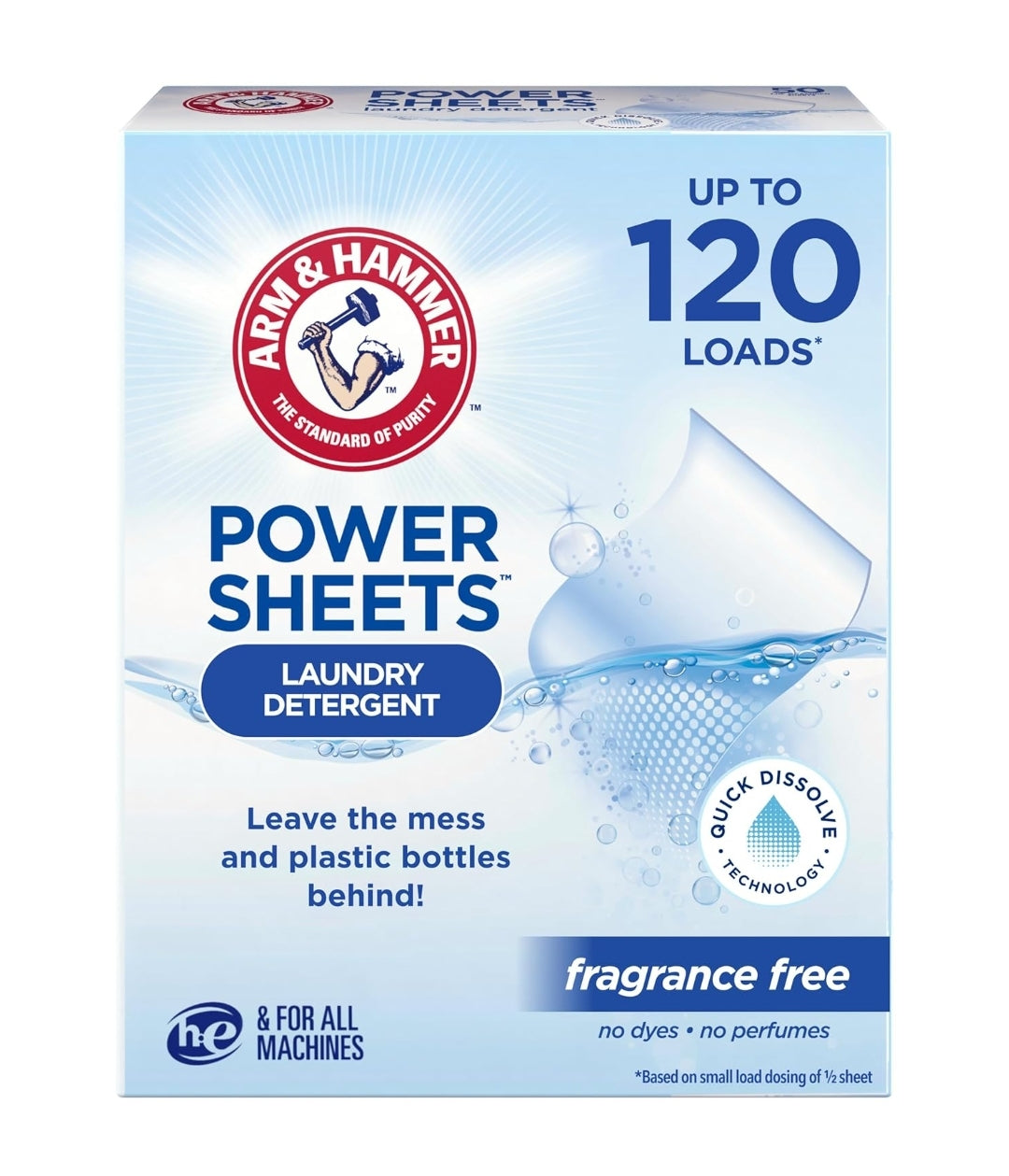 ARM & HAMMER Power Sheets Laundry Detergent, Fragrance Free, No Dyes or Perfumes - 60CT