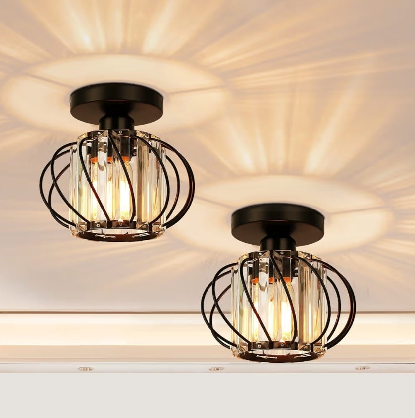 Semi Flush Mount Ceiling Light Small Modern Light Fixture Crystal Chandelier (2 Pack) Black Metal