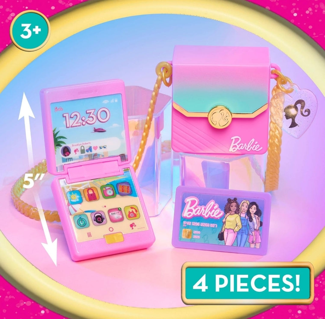 Barbie Trend Lights and Sounds Phone Set, 4-Pieces, Interactive Toy Phone, Toy Purse, Dress Up and Pretend Play, Kids Toys for Ages 3 Up by Just Play