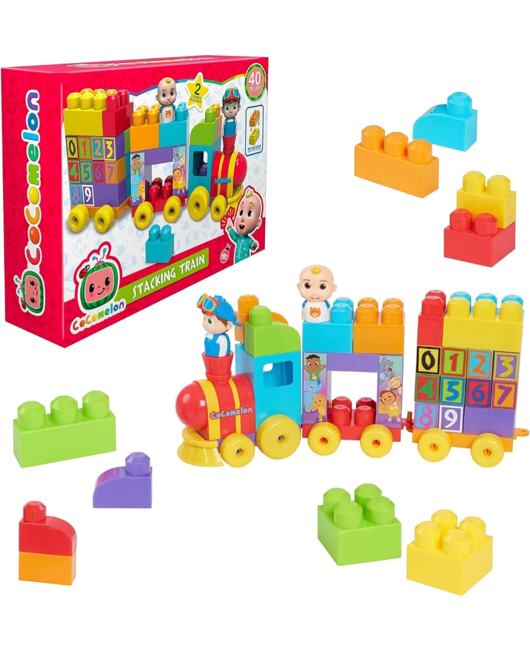 CoComelon Stacking Train, 40 Piece Large Building Block Set, 2 Figures, Colors, Numbers, Officially Licensed Kids Toys for Ages 18 Month by Just Play