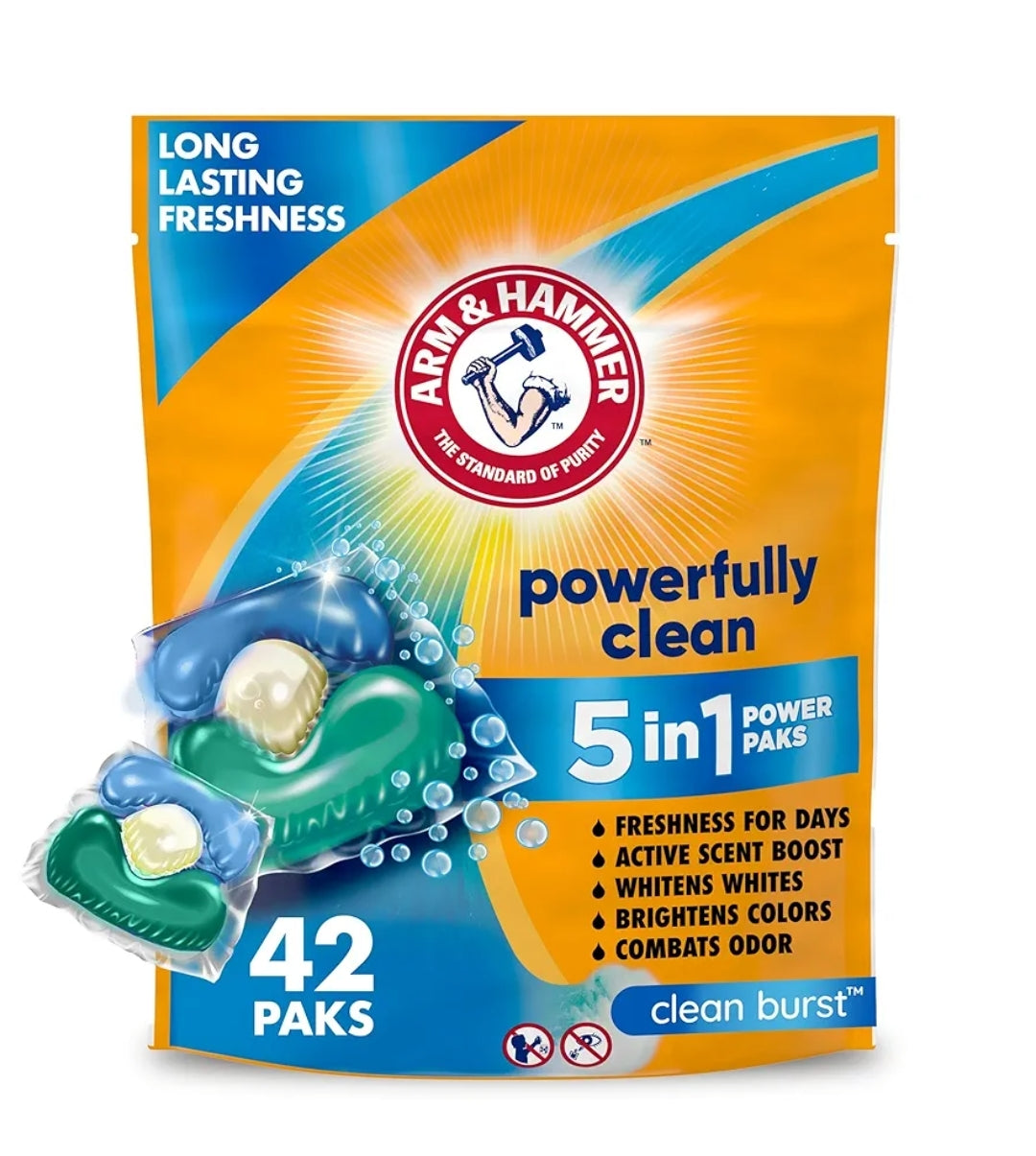 Arm & Hammer Clean Burst 5-in-1 Laundry Detergent Power Paks, High Efficiency (42 Count)