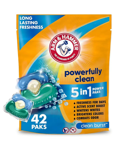 Arm & Hammer Clean Burst 5-in-1 Laundry Detergent Power Paks, High Efficiency (42 Count)