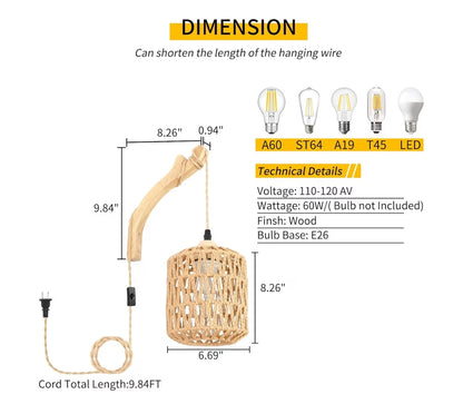 Rattan-muurlamp m/proppie-kabel, handgeweefde proppie-muurkandelare, papierkabel-muurlamp gemonteer