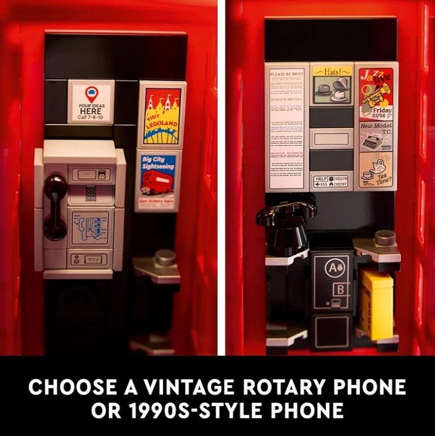 LEGO Ideas Red London Telephone Box Model - London Phone Booth and Cell Phone Holder for Build and Display (21347)
