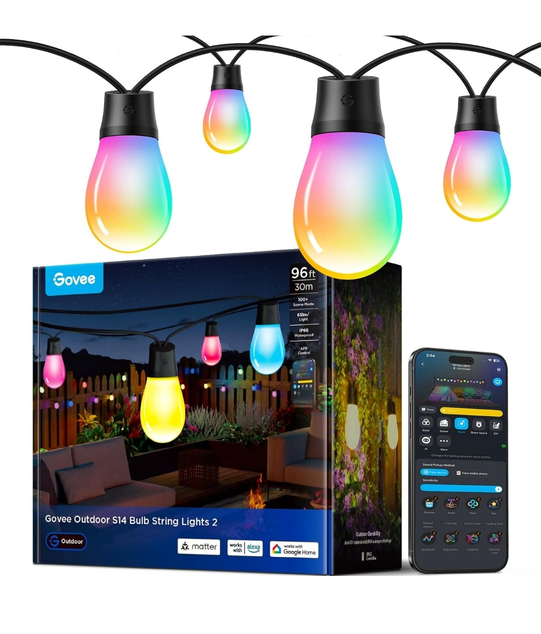 Govee Outdoor S14 Bulb String Lights 2, 96ft Smart RGBIC Warm White Patio Lights with 30 LED Bulbs, 111 Scene Modes for Outdoor Decor, Works with Alexa, Google, Matter, APP Control, IP66 Waterproof