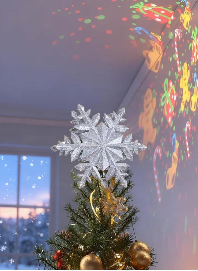 Kersboom Toppunt Verligting m/ 6 Geprojekteerde Patrone, Led Roterende Magiese Sneeuvlok, 3D Hol Glitters Verligte Versierings - (Silwer)