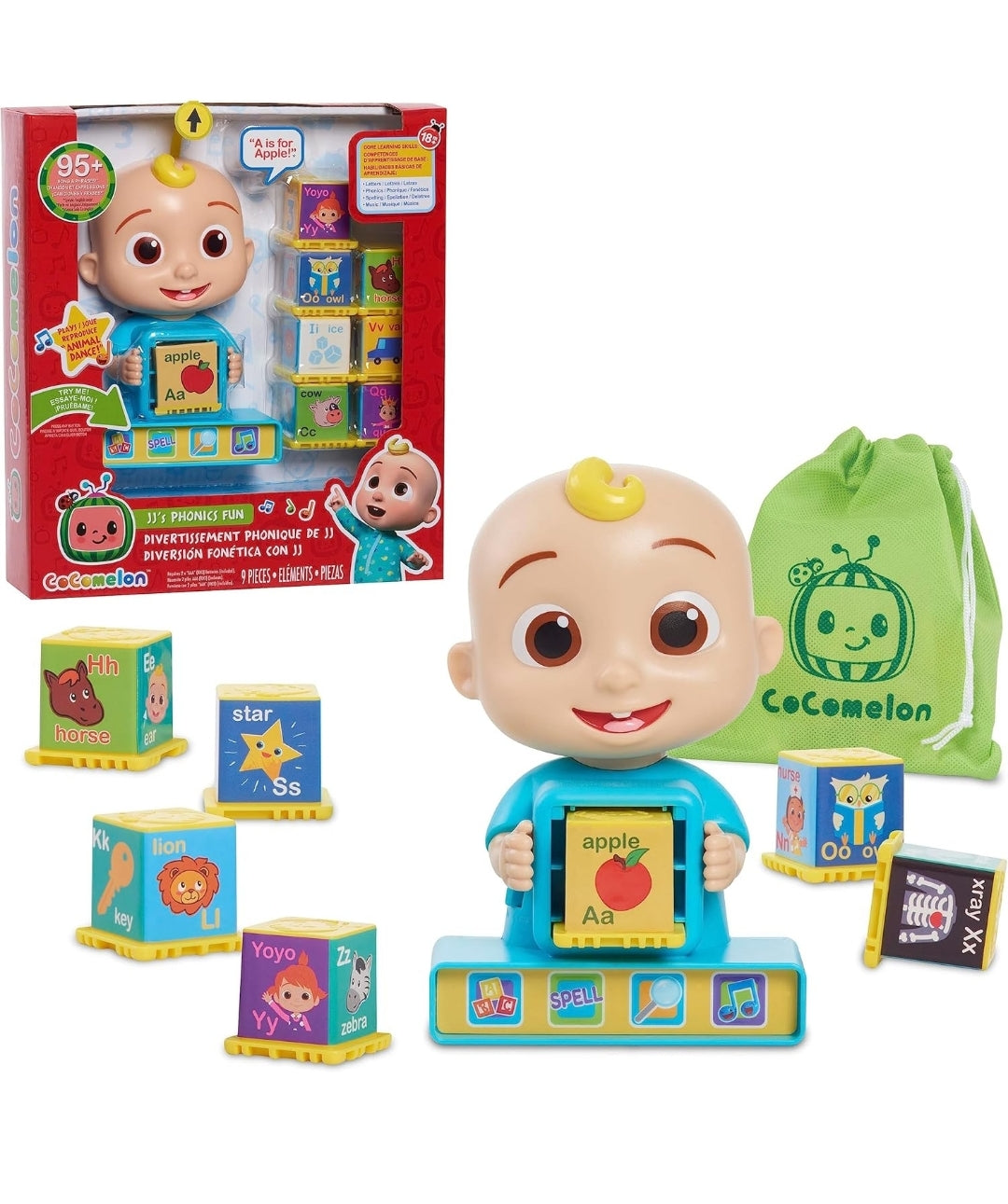 Just Play CoComelon JJ Phonics Fun Interactive Learning and Education Toy, 4 Modes of Play, Animal Dance Song, Spelling, 9-Pieces, Kids Toys for Ages 18 Month