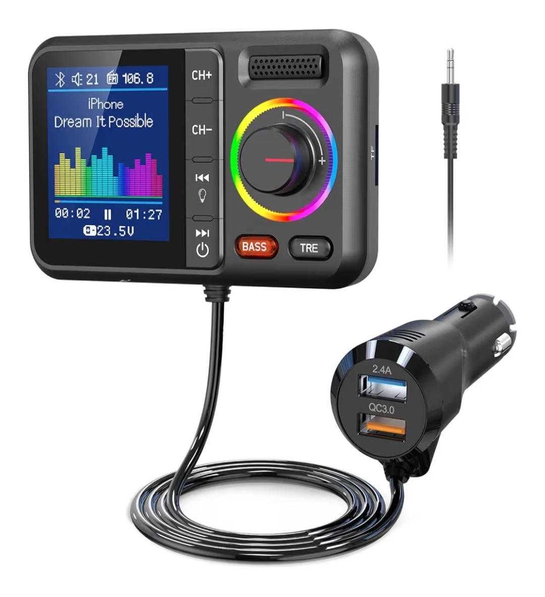 Bluetooth FM-senderadapter, ondersteun QC3.0-vinniglaai, handvrye oproepe, MP3-musiekspeler TF-kaart AUX - Swart