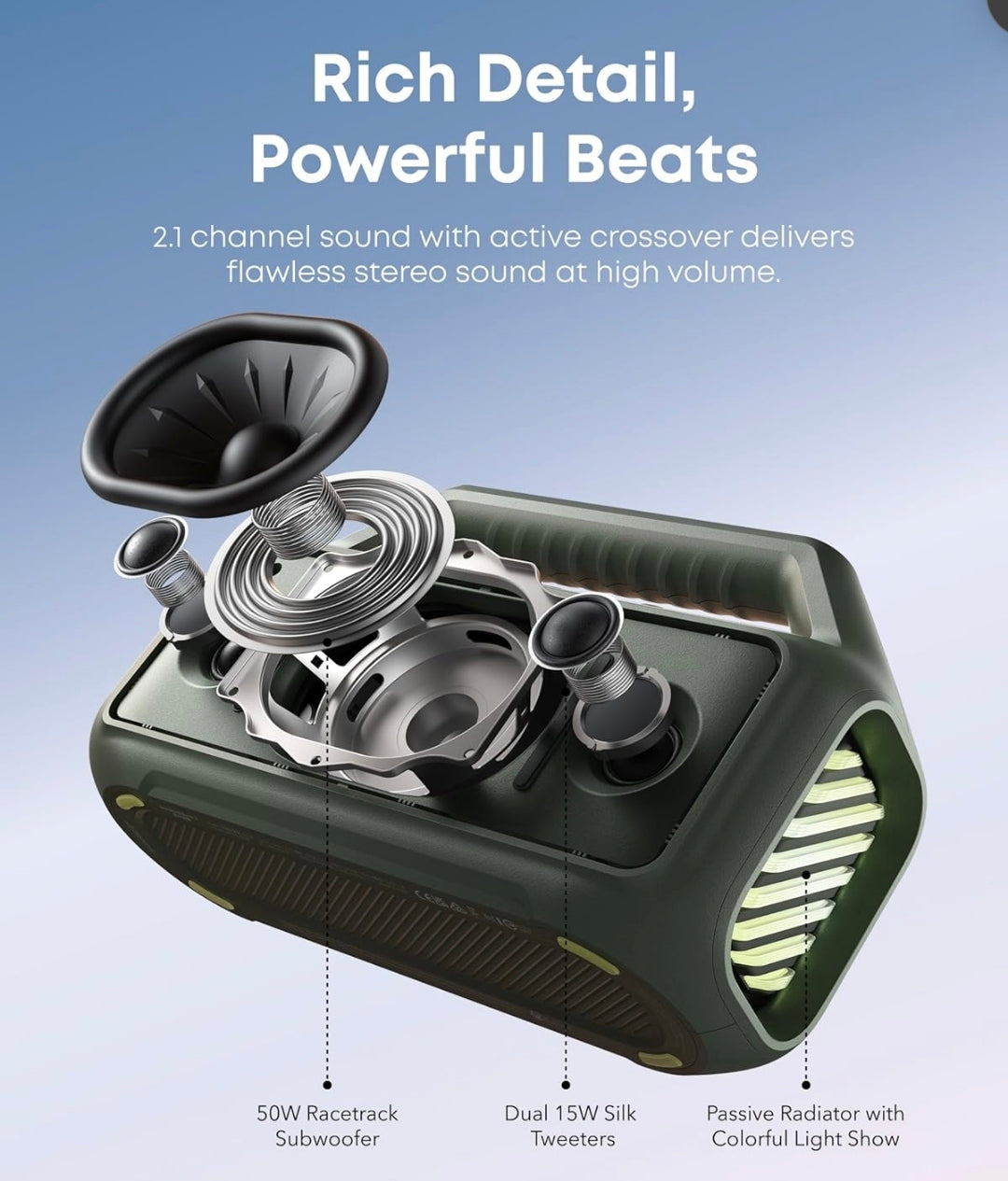 Soundcore Boom 2 By Anker, Outdoor Speaker, 80W, Subwoofer, BassUp 2.0, 24H Playtime, IPX7 Waterproof, Floatable, RGB Lights, USB-C, Custom EQ, Bluetooth 5.3, Portable for Camping, Beach, and Backyard