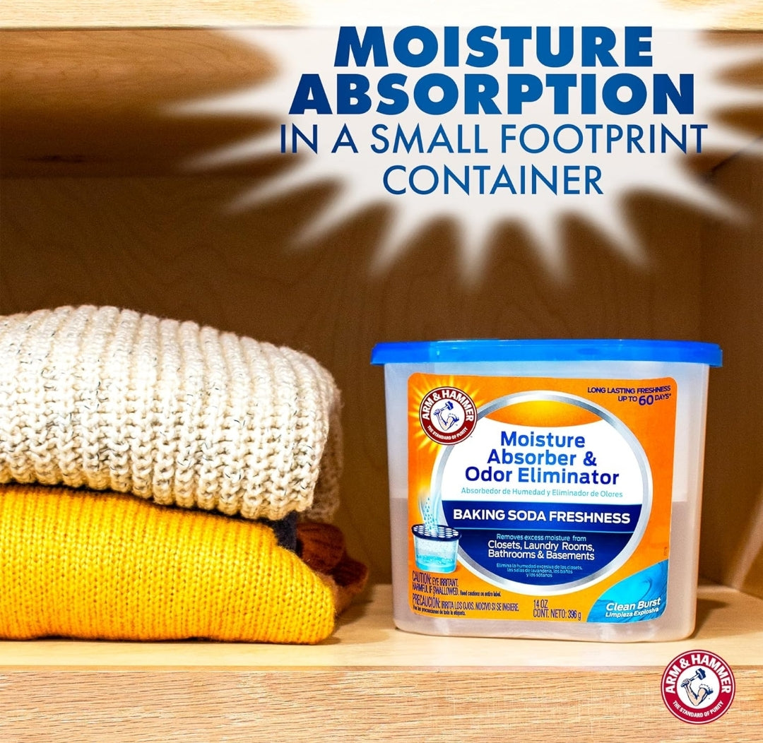 Arm & Hammer Clean Burst Moisture Absorber and Odor Eliminator Tubs -  (14 oz 3 Pack) Trap Excess Moisture - White